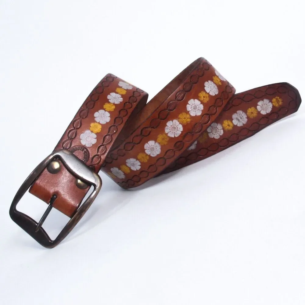 Cesar Ugarte Vintage Boho Western Painted Flower Hand Tooled Leather Belt, 30